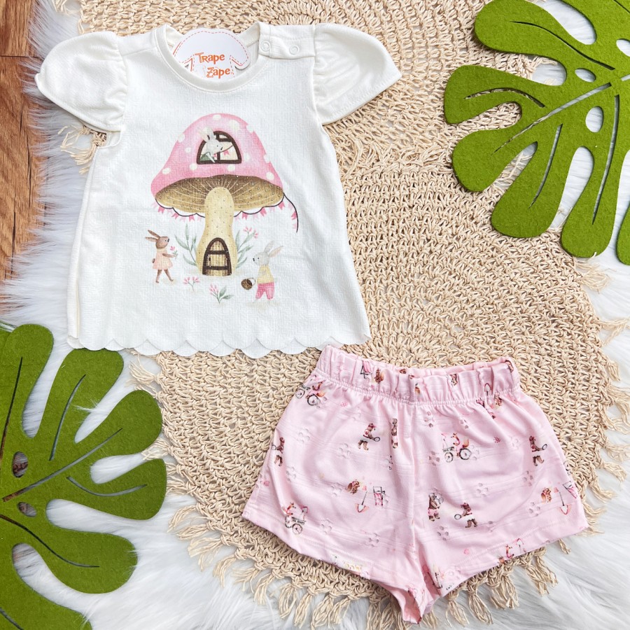 Conj. Blusa Casinha de Cogumelos com Coelhos e Short em Lese - Off White e Rose